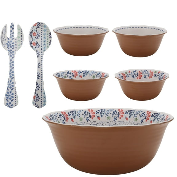 The Pioneer Woman Hattie 7-Piece Bamboo Melamine Salad Bowl Set, Multicolor