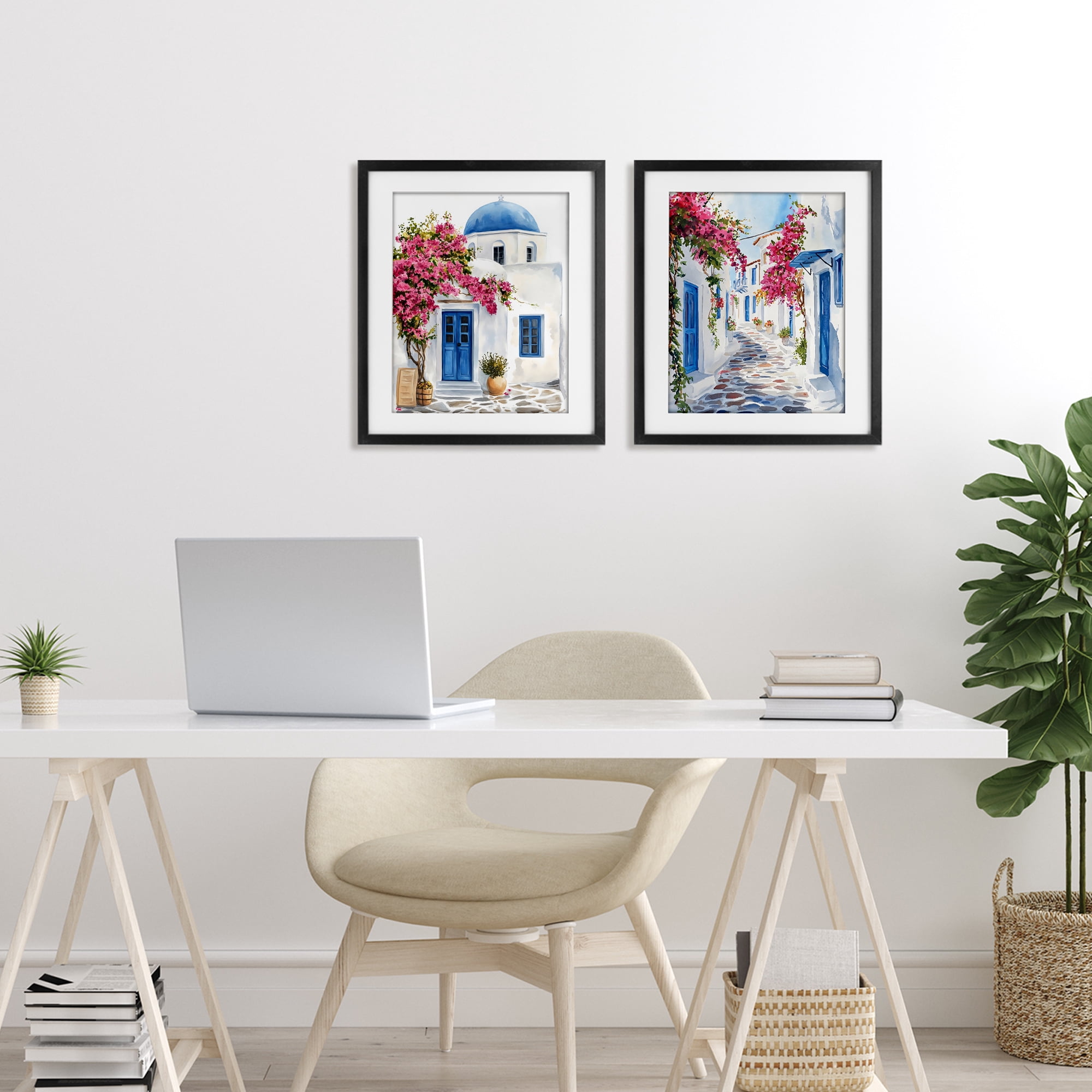 Stupell Industries Santorini House with Pink Tree 2 Piece Black Framed Print Under Glass Set, design by LSR Design Studio