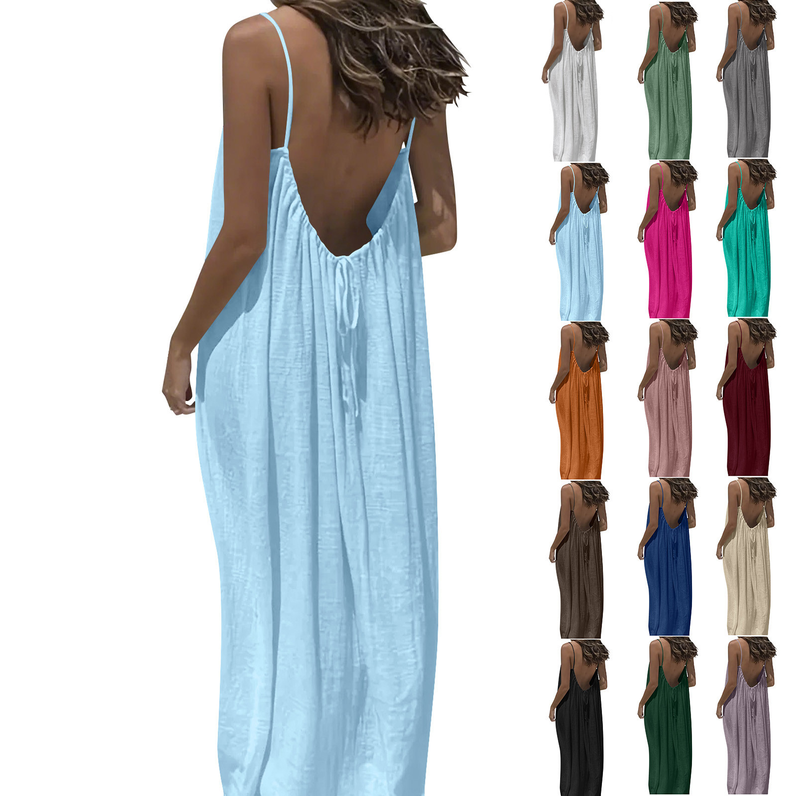 Horkkom Backless Dresses for Women Summer Beach Sleeveless Maxi Dresses Flowy Vacation Spaghetti Strap Dresses L