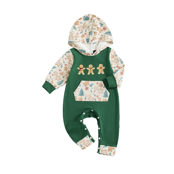 BemeyourBBs Newborn Baby Boys Girls Christmas Outfit Gingerbread Man Romper Christmas Long Sleeve Pocket Hooded Jumpsuit