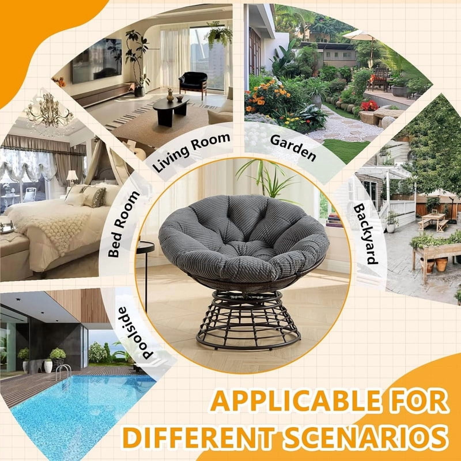 Ergonomic Wicker Papasan Chair, 360° Swivel Chair with Soft Thick Cushion for Living Room, Bedroom, Reading Room