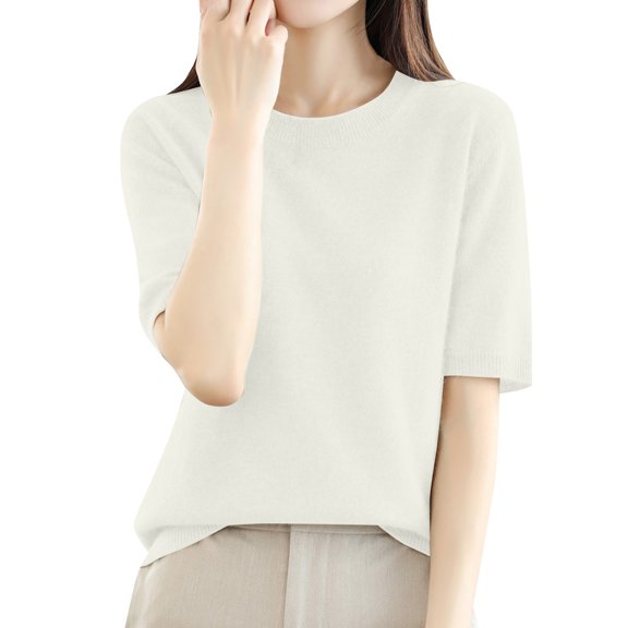 Ltpwer Fall Sweater for Women Trendy Short Sleeve Knit Shirts Casual Loose Ribbed Neckline Crewneck Tops Solid Color Elastic No See-Through Pullover Business Outfits Beige L