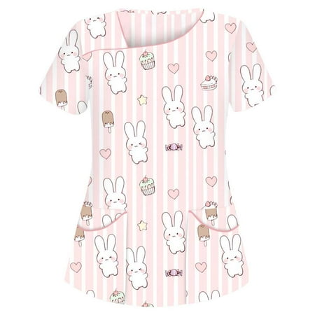 

Akklian Summer Savings Clearance Scrubs for Women Short Sleeve Top Working Uniform Print V-Neck Pockets Blouse Shirt
