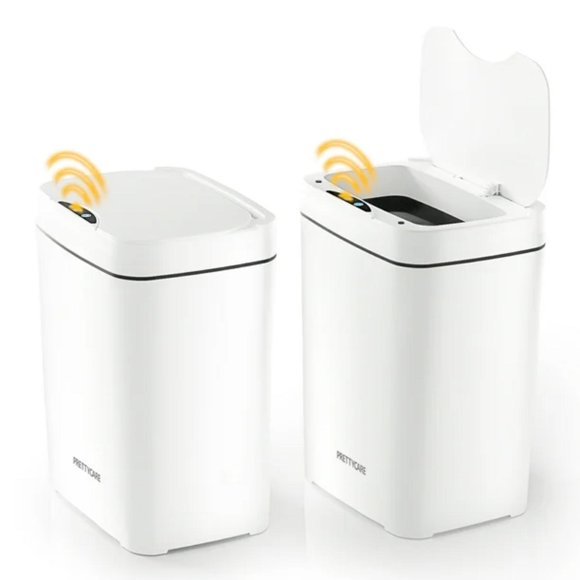 Refurbished PrettyCare GC01 Smart Automatic Touchless Trash Can with Lid 3.6 Gallon 2 Pcs White