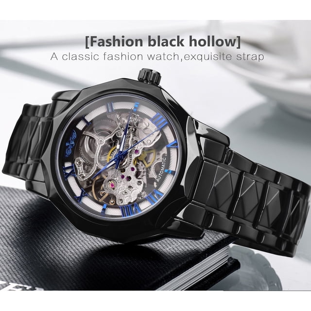 Reloj automático para hombre, reloj de cuerda automática con esqueleto dorado de lujo, manecillas de acero azul negro