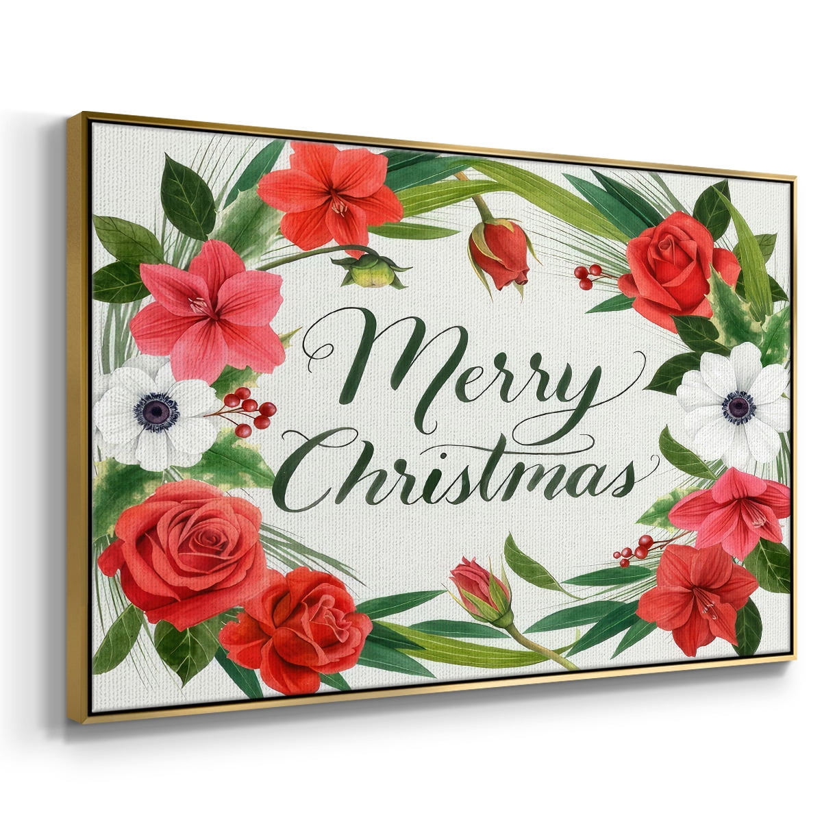 Christmas Flora Wreath Collection A - Framed Gallery Wrapped Holiday Canvas - 17 x 25 - Gold Frame