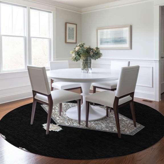 Addison Rugs Chantille Indoor/Outdoor Traditional Vintage Black Washable Round Rug, 8' x 8'