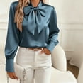 thumbnail image 4 of JSKUMAR Women's Silk Blouse Casual Long Sleeve Bow Tie Neck Button Down Shirts Stylish Basic Office Work Tops Outfit (Navy,S), 4 of 7