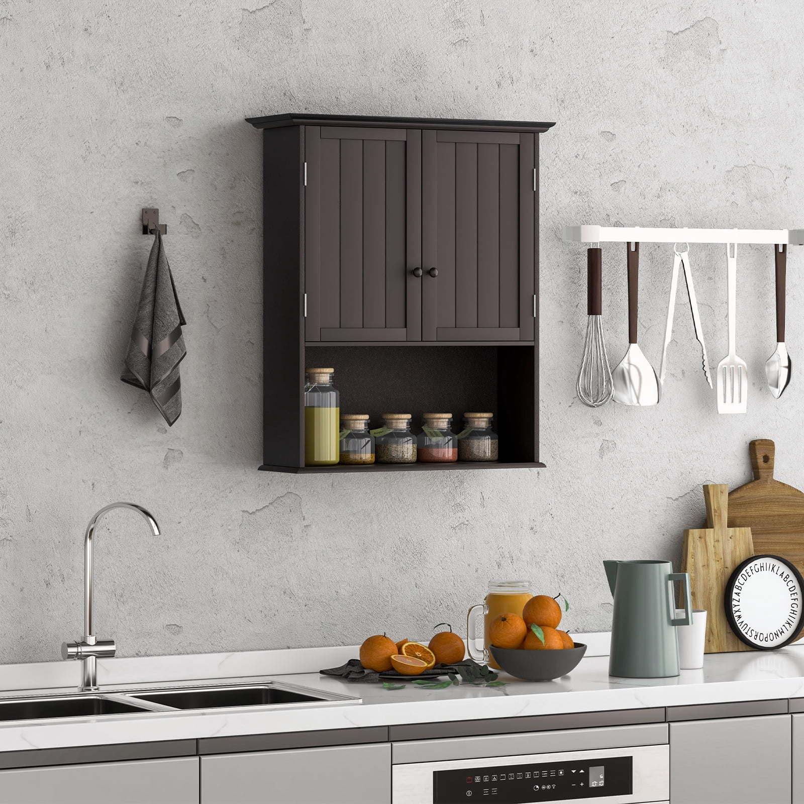 Topbuy Wall Mounted Bathroom Cabinet Double Door Medicine Cabinet Kitchen Cupboard w/ Open Compartment & Adjustable Shelf Espresso