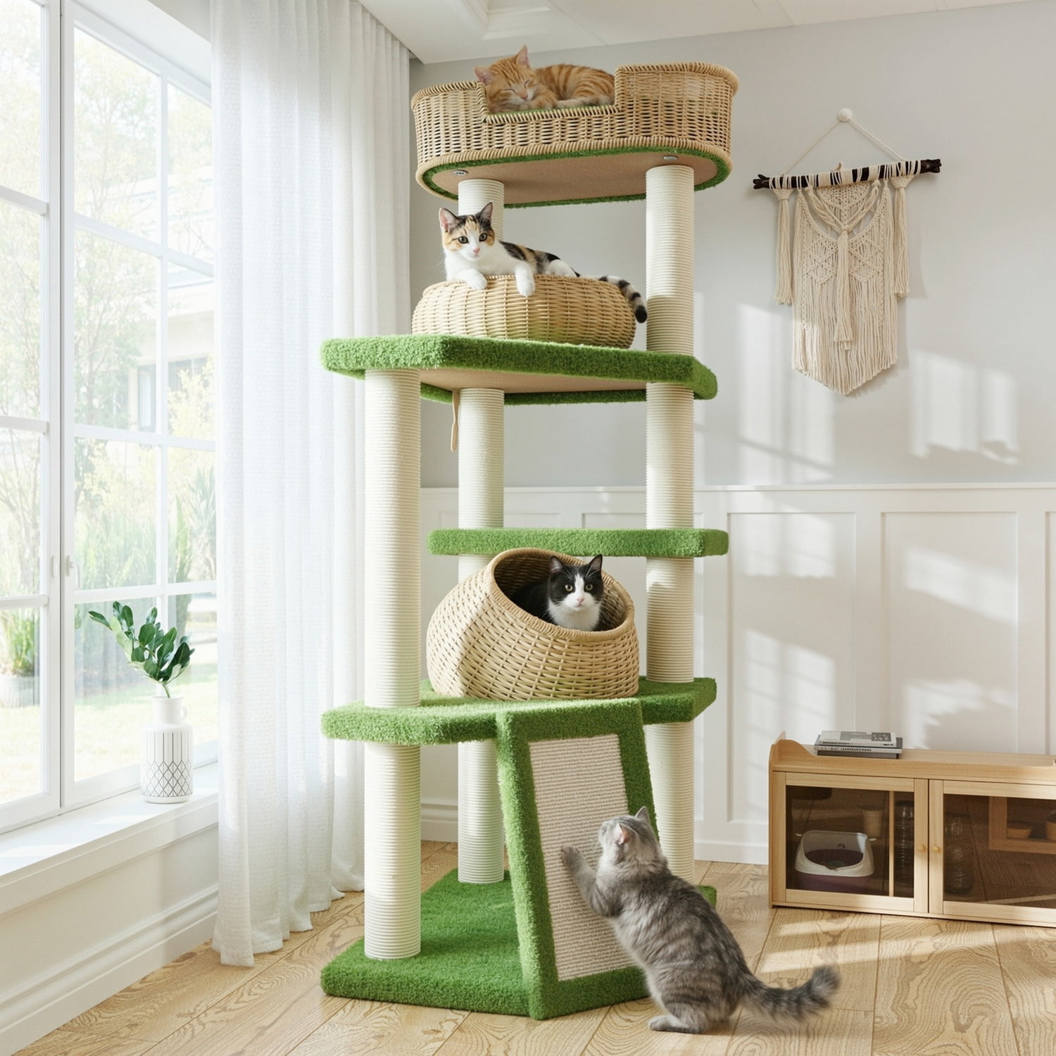 Amolife 57"Large Cat Tree Tower with Teddy Fleece Rattan Condo, Scratching Ramp and Posts for Indoor Cats and Kittens, Green