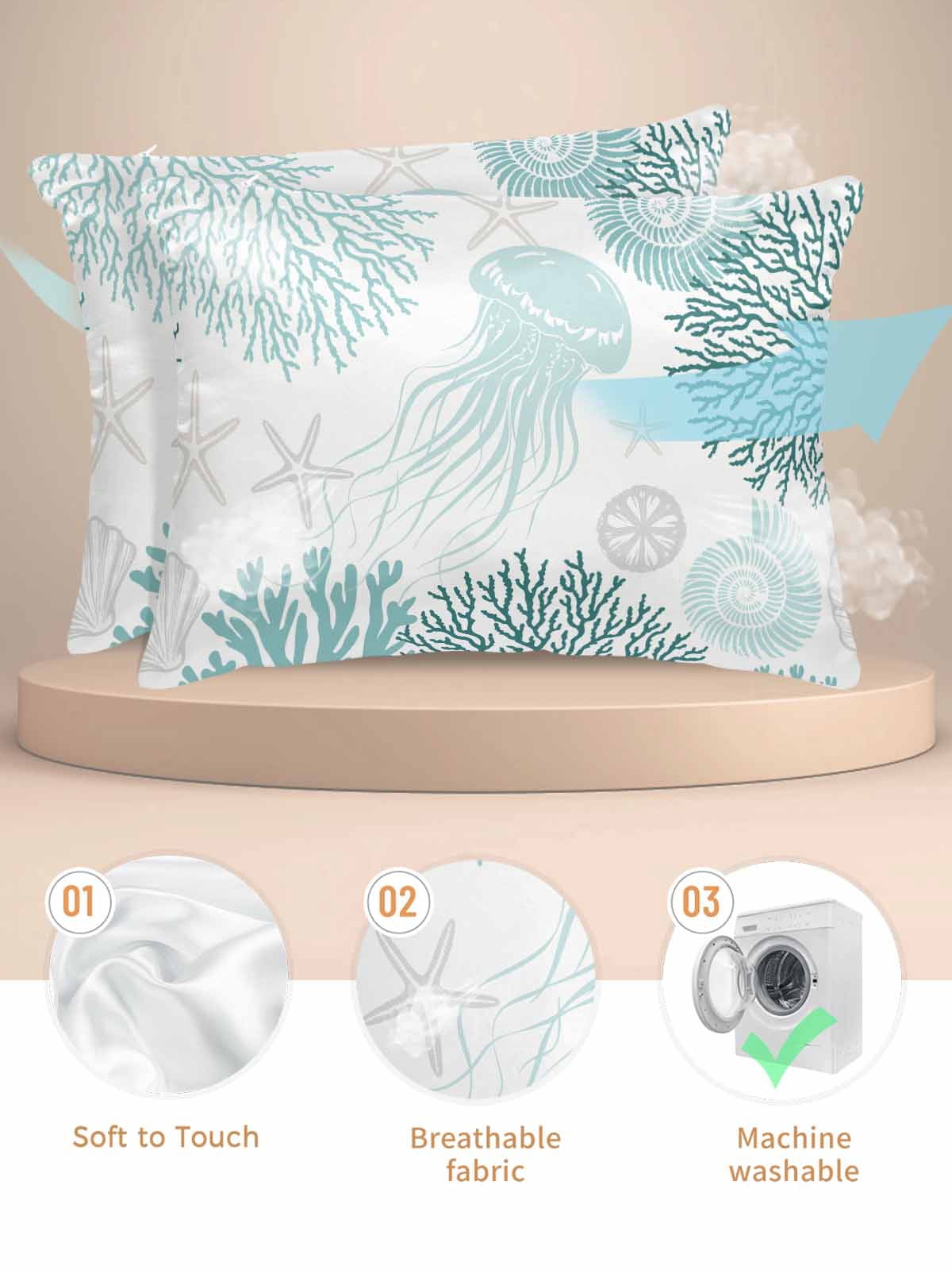Teal Green Coastal Pillow Cases King Size Set of 2, Smooth Satin Pillowcase for Hair and Skin, Coral Jellyfish Nautical Decorative Cooling Bed Pillow Covers with Zipper, 20x36 Inches