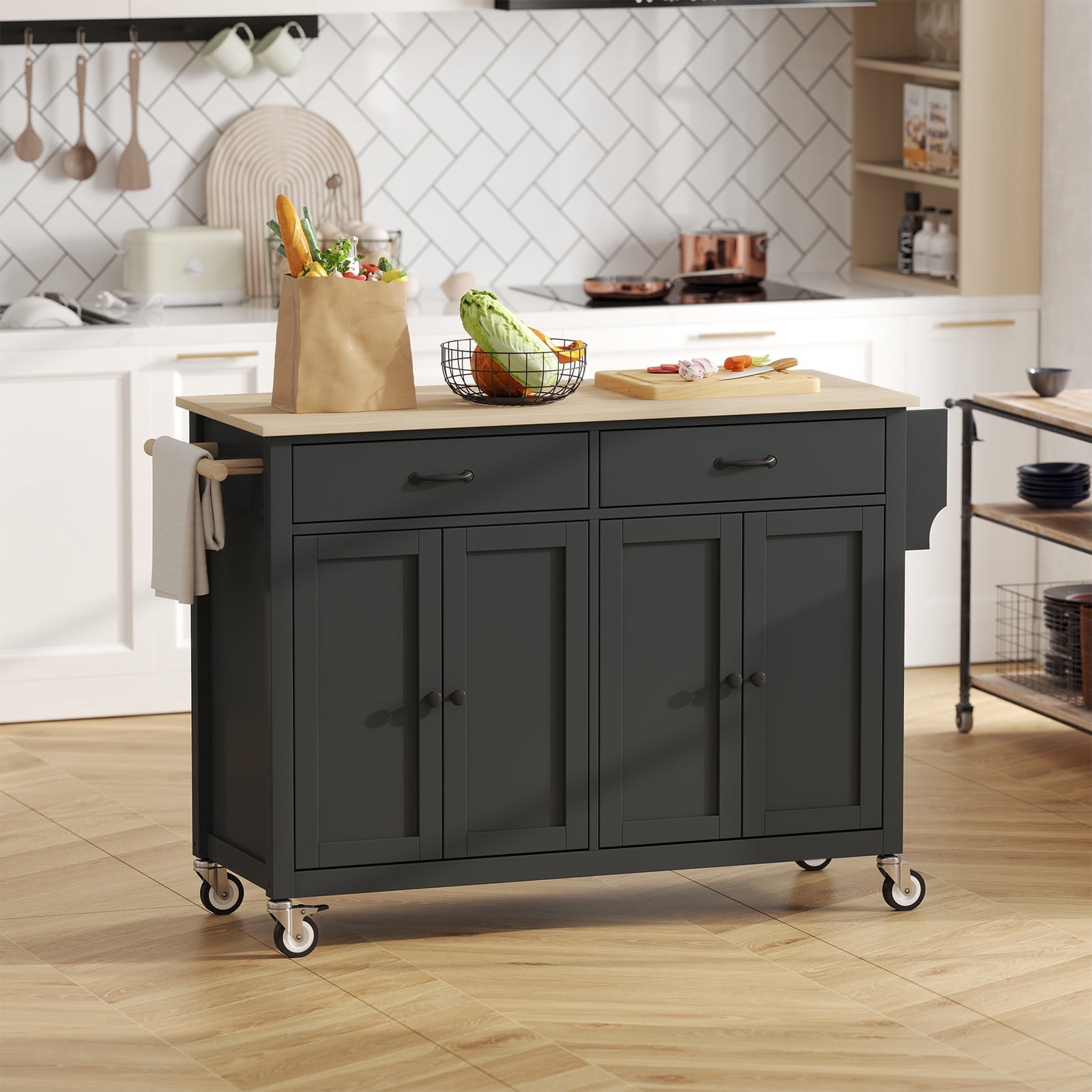 ZIVACATE Kitchen Island Cart with Solid Wood Top Mobile Carts Portable Islands on Wheels, Black