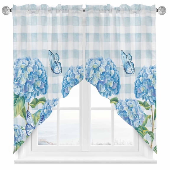 Light Blue Flowers Butterfly Swag Kitchen Curtain Valances, Hydrangeas Flowers Green Leaf Plaid Rod Pocket Curtains Window Treatment Decor Valances for Bedroom Bathroom, 2 Panels 28 x 36 Inch