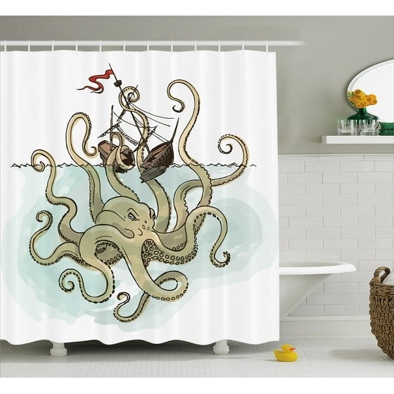 Kraken Decor Shower Curtain Octopus Sinking The Pirate Ships Greek Kraken Decor Shower Curtain Octopus Sinking The Pirate Ships Greek Myth Fish Culture Cartoon Art Image Fabric Bathroom Set With Hooks 69w X 84l Inches