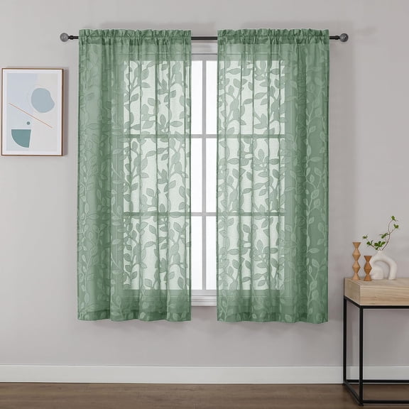 Sage Green Sheer Curtains for Living Room, Jacquard Clip Leaf Pattern Textured Light Filtering Semi Sheer Voile Drapes for Bedroom