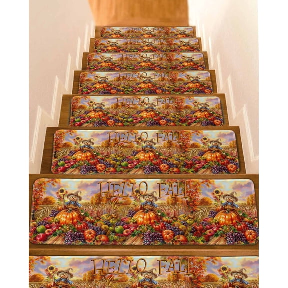 Fall Scarecrows Stair Treads for Wooden Steps Indoor Runner Rug Carpet, Autumn Thanksgiving Farm Pumpkins Fruit 15 Pieces Peel and Stick Staircase Step Treads Covers Washable Throw Door Mats, 30"x8"