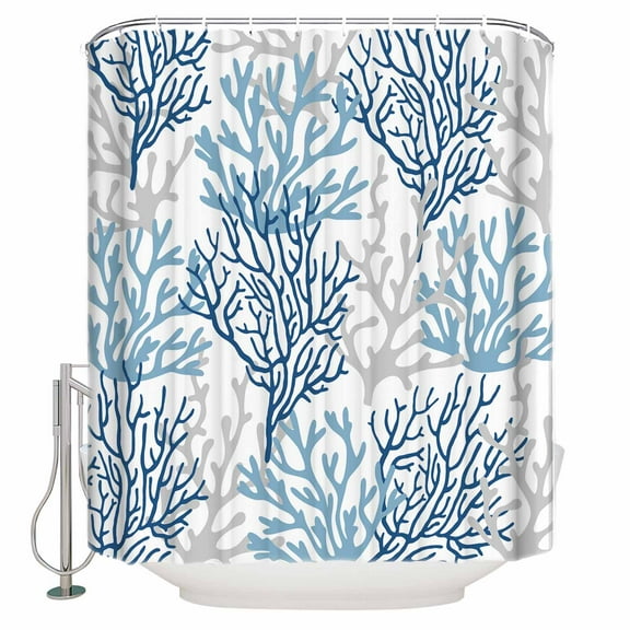 Hokiten Shower Curtain, Navy Blue Coral Coastal Fabric Shower Curtains for Bathroom, Summer Beach Seaside Nautical Bath Curtain Waterproof Bathtub Curtains with 12 Hooks, Small 36" x 72"