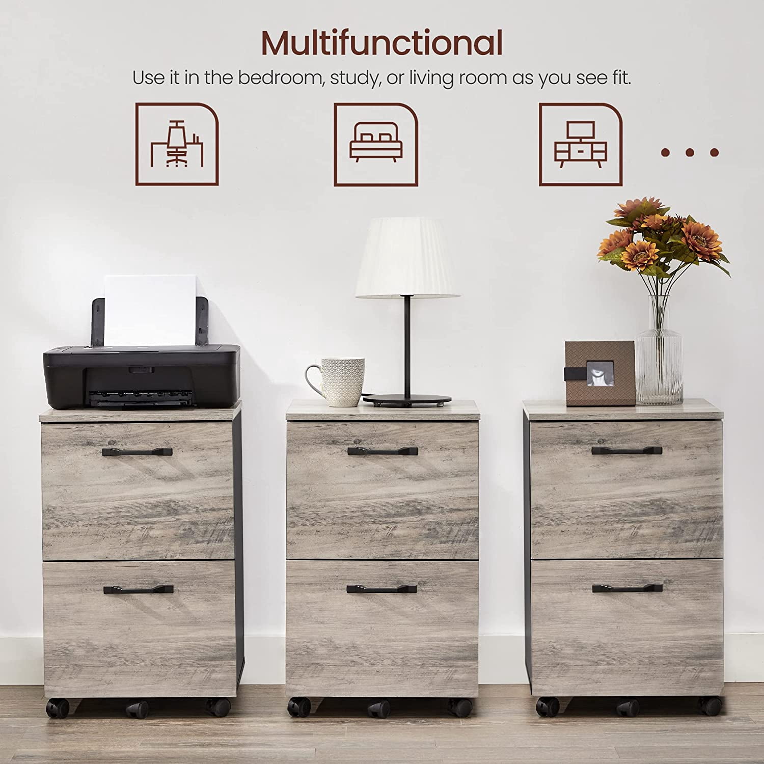 VASAGLE Industrial File Cabinet with 2 Drawers, Rolling Office Filing Cabinet, Greige and Black