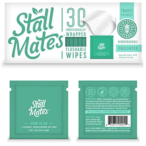 Stall Mates Wipes: Flushable, individually wrapped wipes for travel. Unscented with Vitamin-E & Aloe (30 on-the-go singles)
