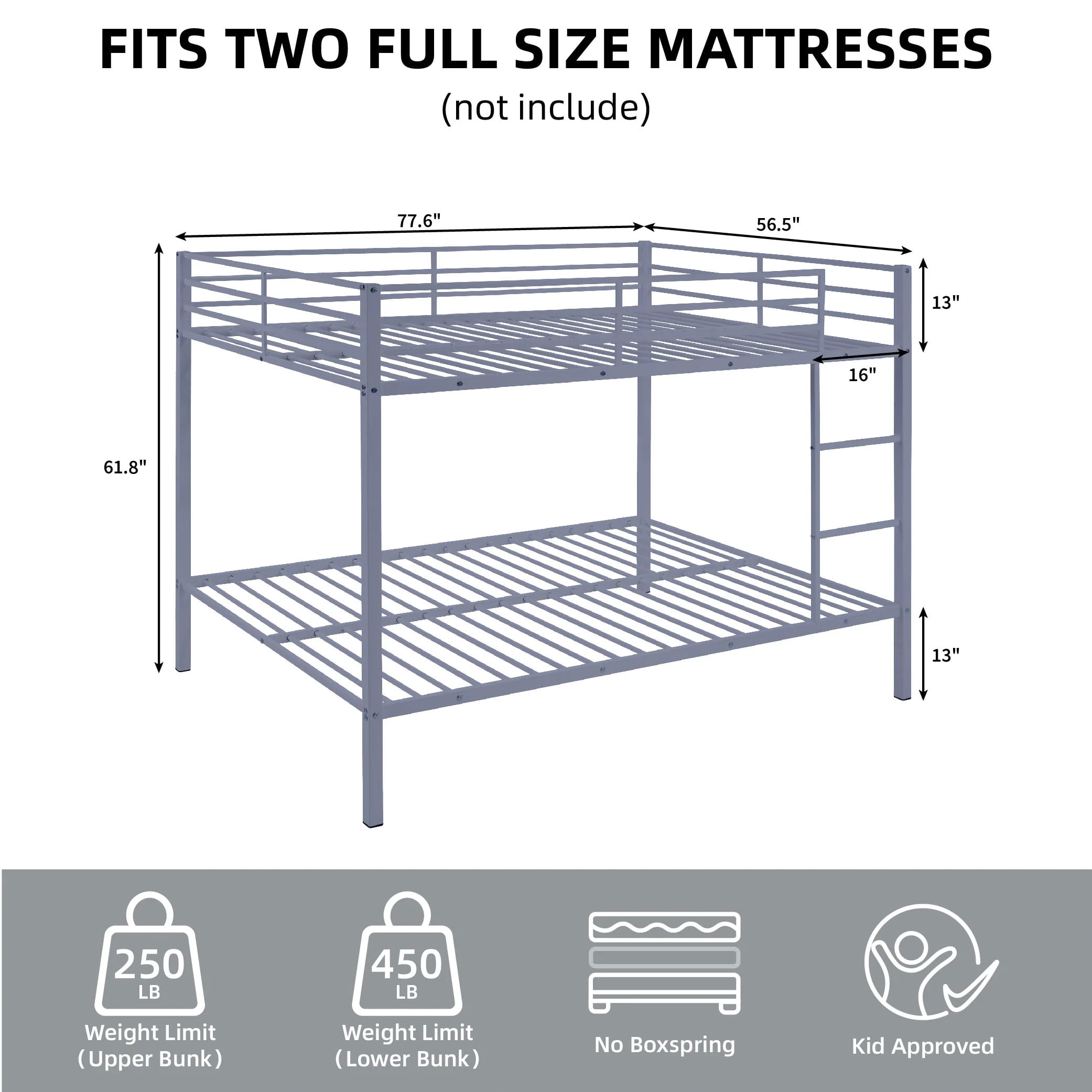 MAYEERTY Full Over Full Metal Bunk Bed, Low Profile Bed Frame with Built-in Ladder and Full Length Guardrails, Space Saving for Kids Teens Dorm Room