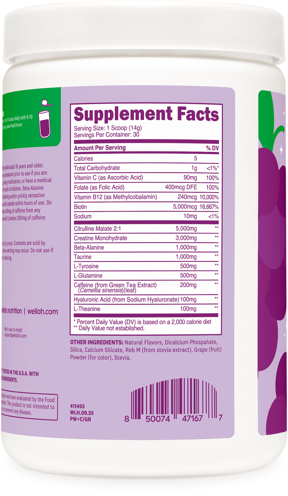 Wellah Pre-Workout + Creatine Powder (30 Servings) Grape - 200mg Caffeine, 3g Creatine Monohydrate, 5g Citrulline Malate, Pre-Workout with Creatine Supplement