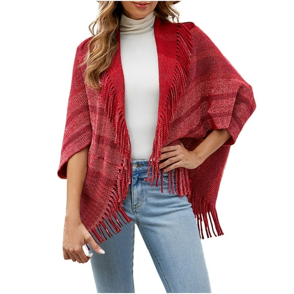 Fringe Cardigan for Women Long Sleeve Shawl Knit Open Front Sweater Fall Trendy Plaid Outwear Cover Up (Free Size, Wine)