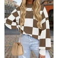 thumbnail image 5 of Women'S Fall Fashion Roll-Neck Long Sleeve Plaid Ribbed Knit Loose Pullover Sweater Tops Camel Checkered M, 5 of 9