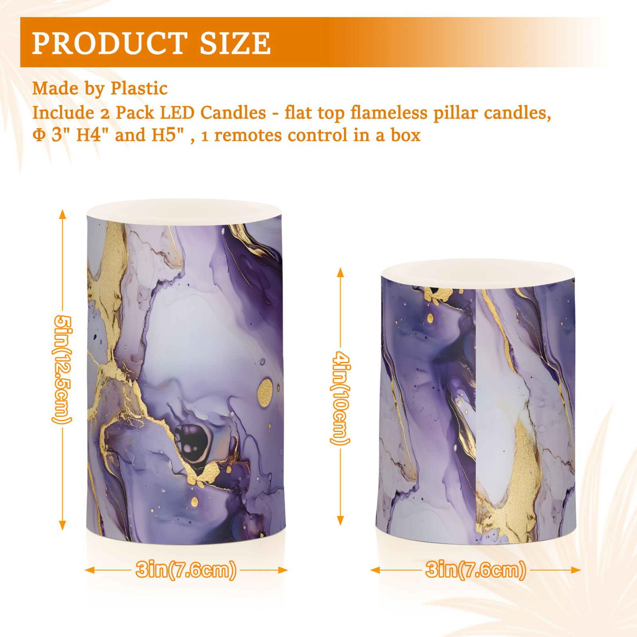 Purple Golden Marble Pattern Flickering Flameless Candles Battery Operated with Remote Timer LED Pillar Candles Set of 2
