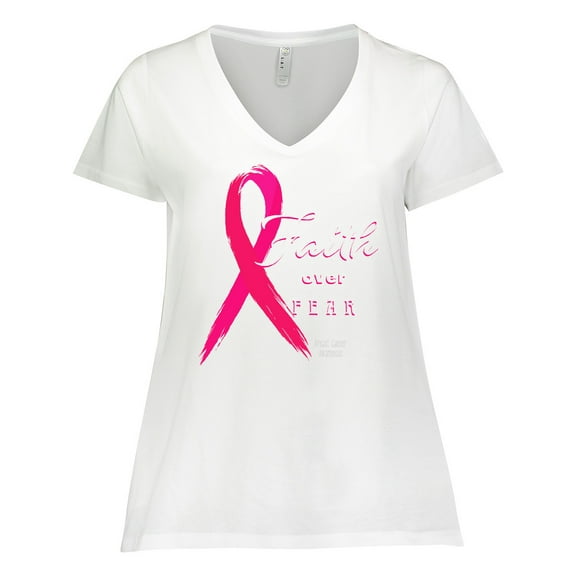 Inktastic Faith Over Fear Breast Cancer Awareness with Pink Ribbon Women's Plus Size V-Neck T-Shirt