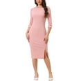 thumbnail image 2 of Vestido de tubo para mujer INSPIRE CHIC con cuello barco, mangas 3/4, dobladillo dividido, vestido midi para el trabajo, color rosa, talla S, 2 of 5