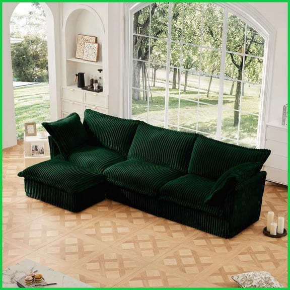 Modern Green Corduroy L-Shaped Sectional Sofa with Convertible Ottoman & Removable Covers – 3-Seater for Living Room/Office