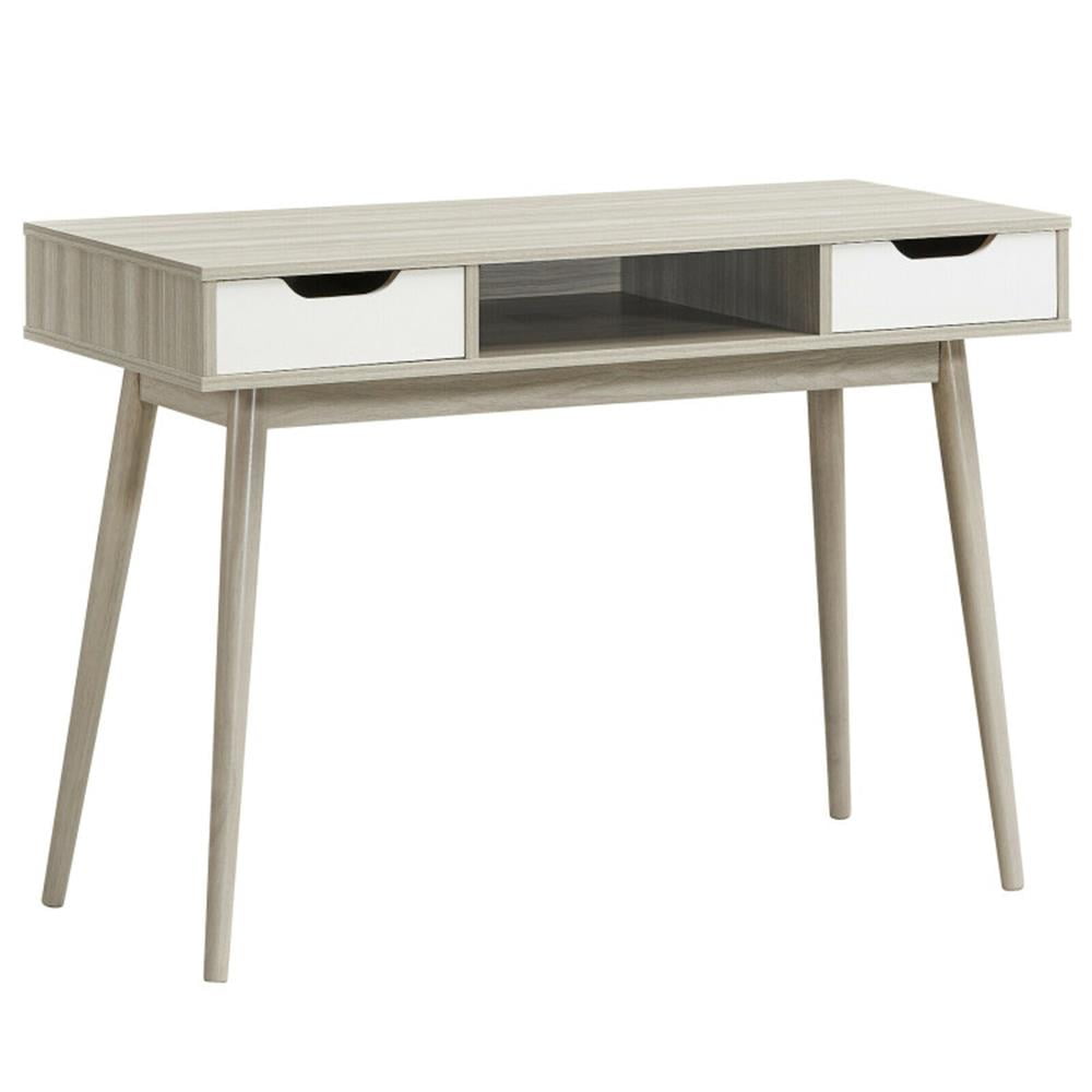 Demi Bonn Stylish Computer Desk Workstation with 2 Drawers and Solid Wood Legs, Small Home Office Desk Study Writing Table, Gray
