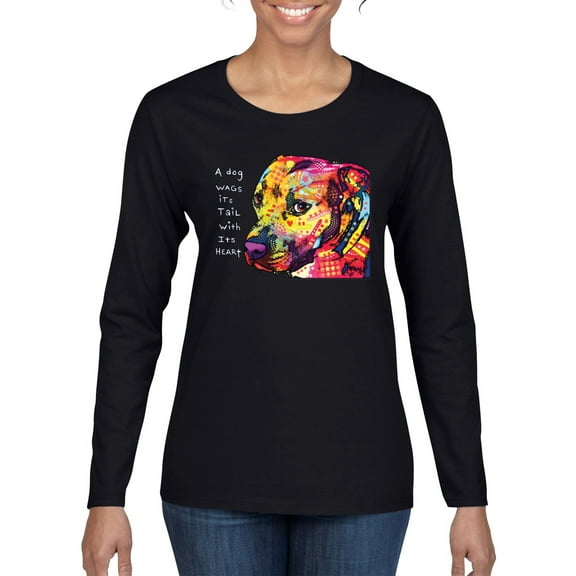 Wild Bobby Dean Russo A Dog Wags Its Tail With Its Heart Gratitude Pitbull Dog Lover Women Graphic Long Sleeve Tee, Black, Small