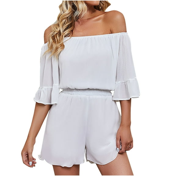 Women Boho Off Shoulder Summer Chiffon Romper Casual One Piece Strapless 3/4 Bell Sleeve Shorts Tube Top Jumpsuit