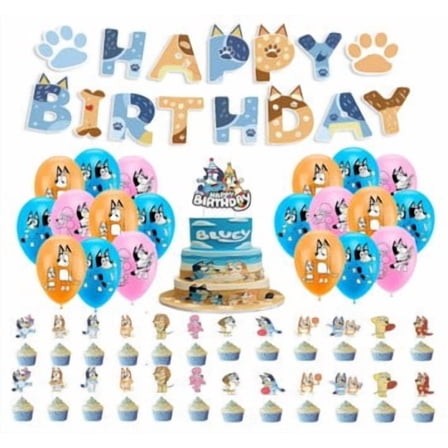45 Pcs Birthday Bluey Party Decoration Set – Includes 1 Tablecloth, 1 Banner, 1 Cake Topper, 24 Cupcake Toppers, 18 Balloons,for Celebrations