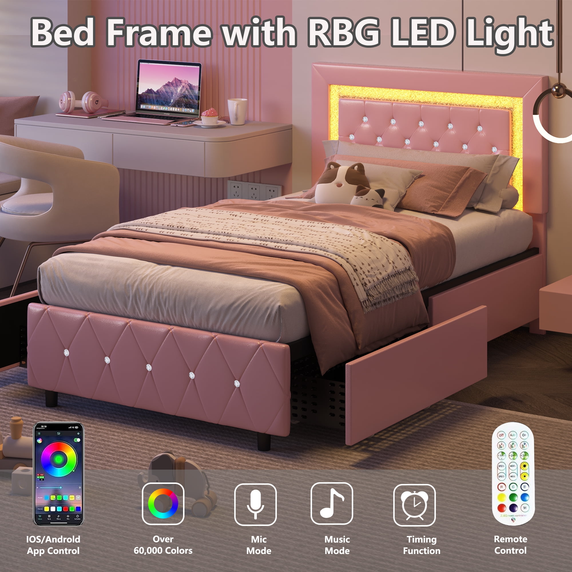 4 EVER WINNER Twin Size LED Bed Frame with Storage, Upholstered Platform Bed with 2 Drawers, Adjustable LED Lights Headboard, Pink
