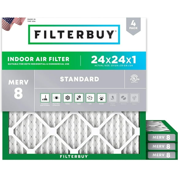 Filterbuy 24x24x1 MERV 8 (MPR 600) Dust Defense, Pleated HVAC AC Furnace Air Filters (4-Pack)