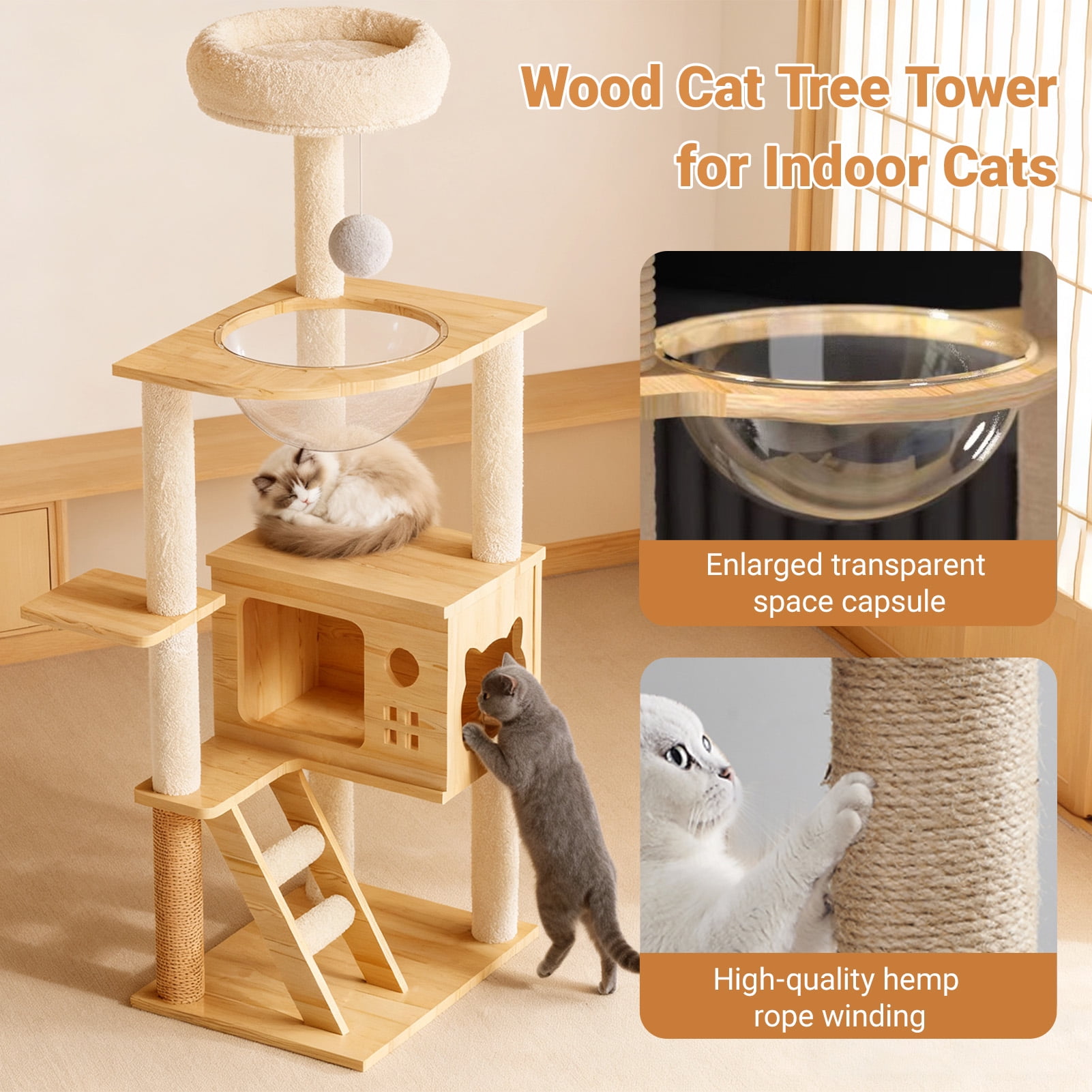 Vacmaster 48.8in Modern Cat Tower, Wood Cat Tree Tower for Indoor Cats, Cat Treewith Sisal-Covered Scratching Posts and Top Perch, Cat Condo with Acrylic Hammock for Small Large Cats