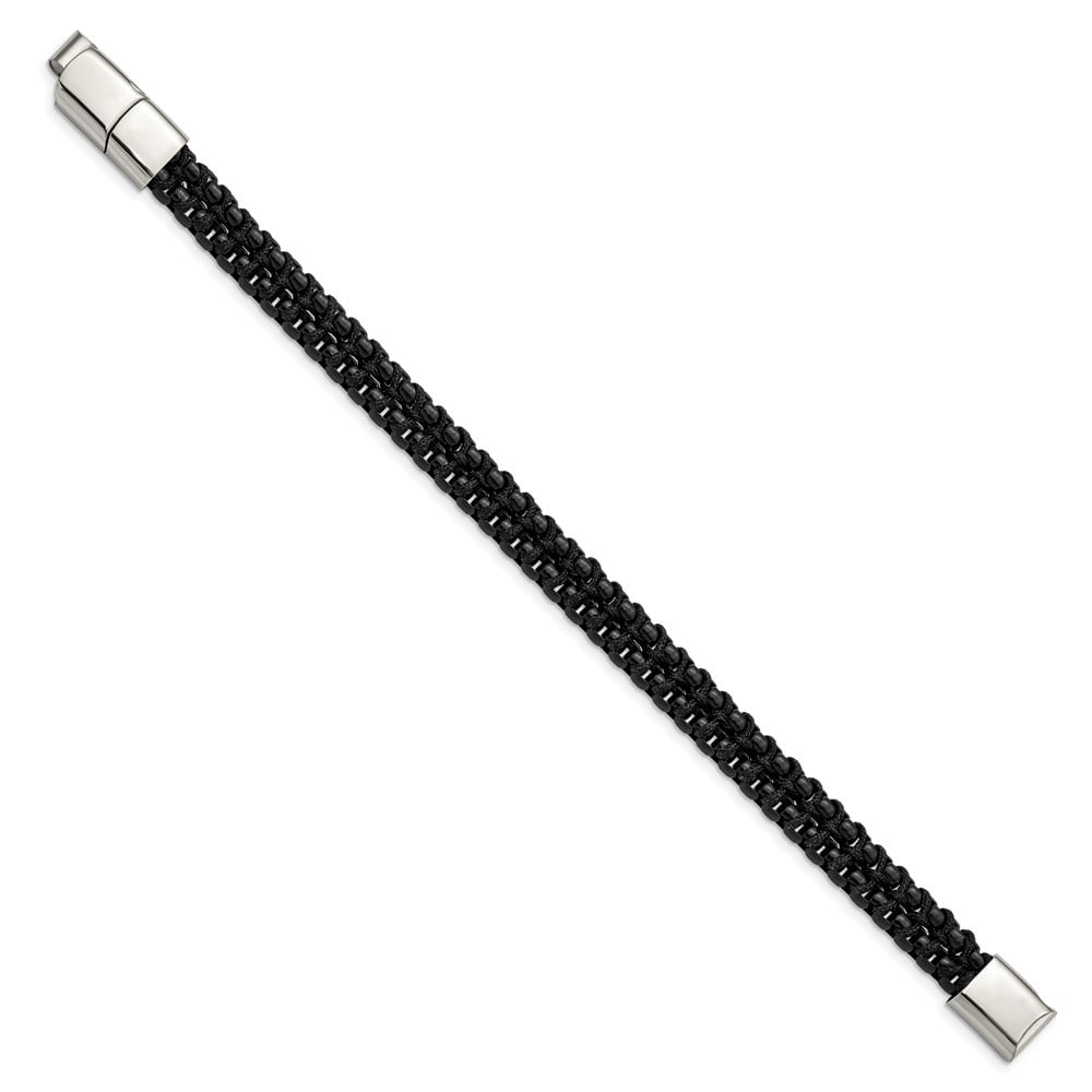 Diamond2Deal Stainless Steel Black IP-Plated with Black Cotton Bracelet for Men with .5 In Ext 8.5"