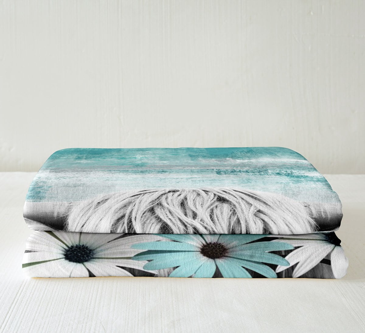 Highland Cow Print Blanket,Teal Western Farmhouse Throw Blanket Rustic Home Decor,Longhorn Cattle Farm Animal Fleece Blanket Daisy Flowers Fuzzy Blanket Cowboys Gifts for Men Women 50"x60"