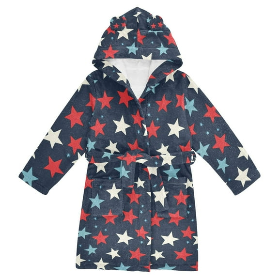 FORMRS Niños Bathrobe Unisex Hooded Robe Soft Plush Pajamas Sleepwear, Size 2-3T, Red White Stars