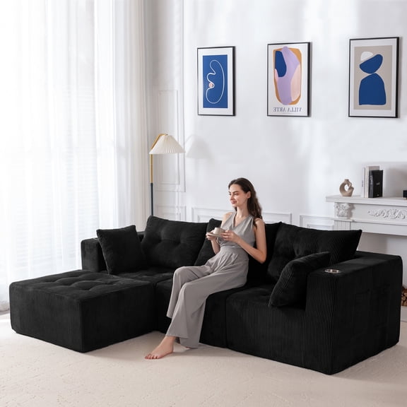 BYBYME Cloud Sectional Couch with L-Shape Chaise Modern Comfy Modular Corduroy Sofa for Living Room,Tufted 4-Seat Sleeper Chair with 1 Ottoman,Sofa in A Box,No Assembly Required,Black
