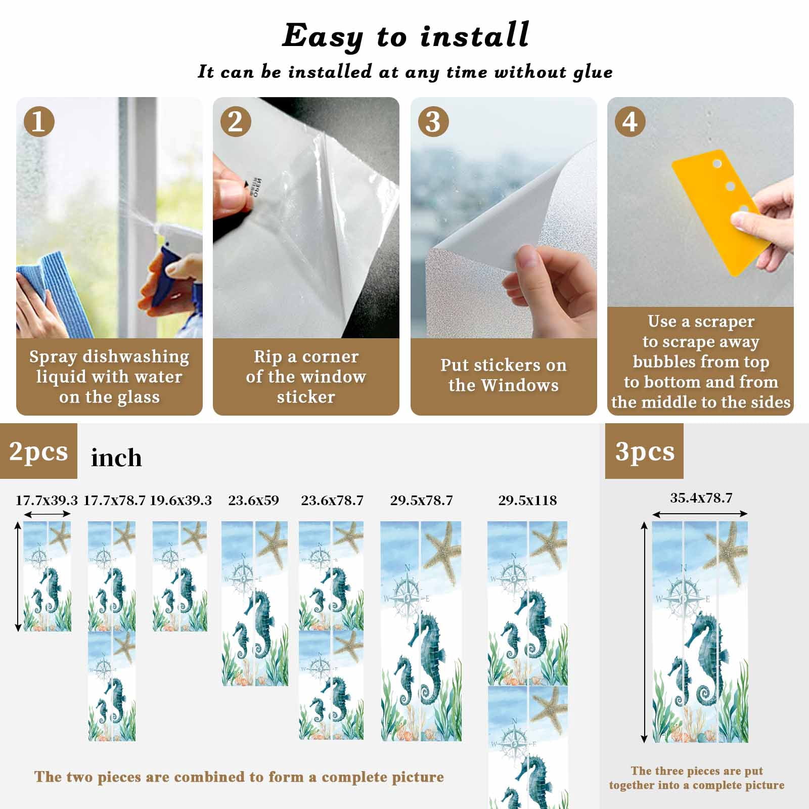 Ocean Blue Window Privacy Film, Seahorse Starfish Compass Seagrass Coral Coastal Frosted Glass Window Clings Static Cling UV Heat Blocking Reusable Door Sticker for Bathroom 23.6 x 59 Inch