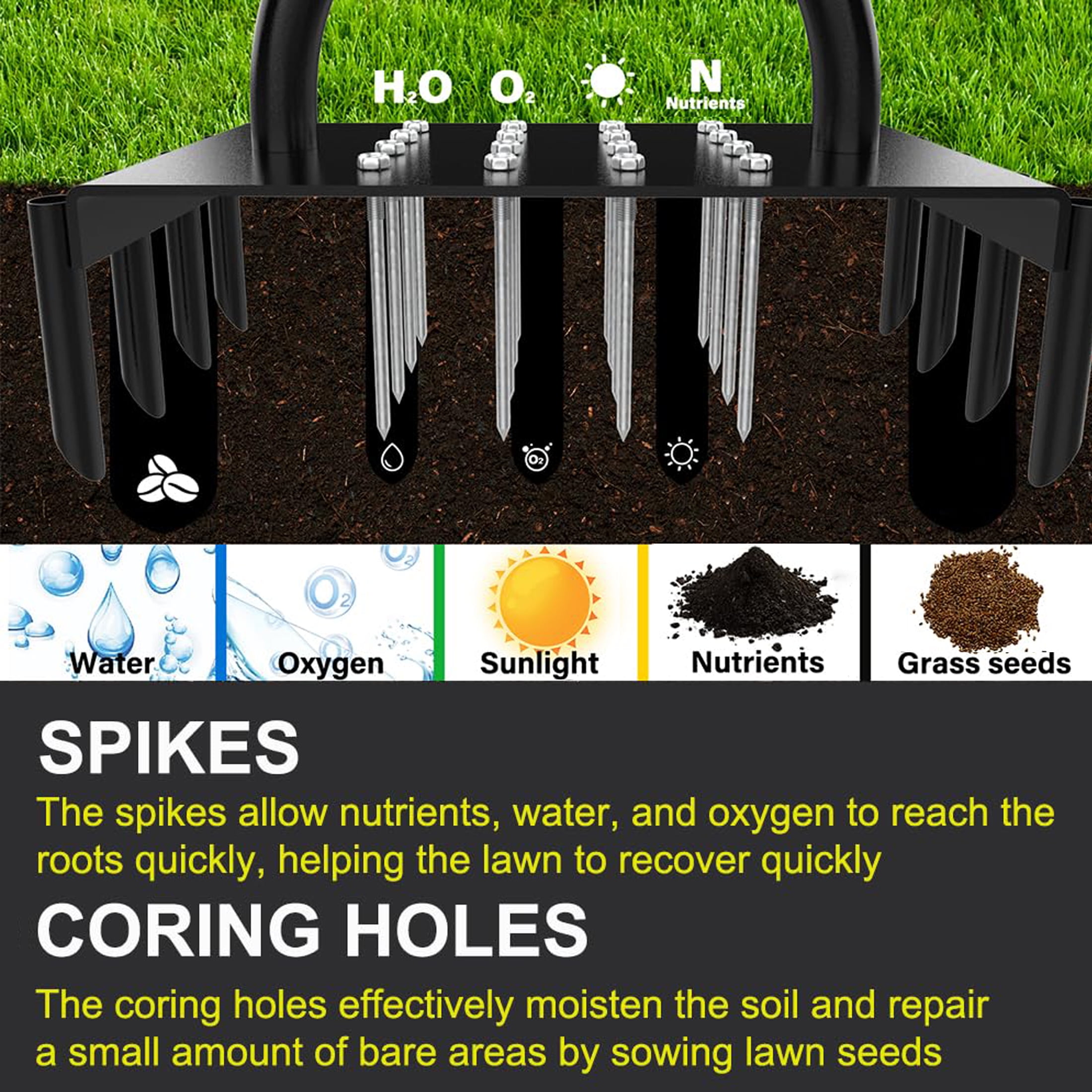 Hyindoor Lawn Aerator Tool, Manual Metal Tool Set with 16 Solid Steel Spikes, Automatic Leaf and Dirt Cleaning with Spring Base Design, Garden Tool for Yard Care（with Gloves）