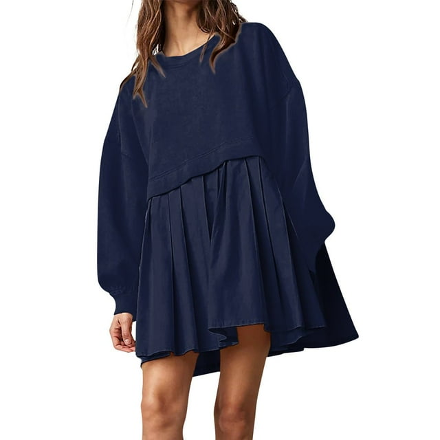 Womens Oversized Sweatshirt Dress Long Flowy Patchwork Pullover Tops Cute Drop Shoulder Sweatshirts Fall Long Sleeve Mini Dress Teen Girls Crewneck Solid Tunic Pleated Loose Clothing Beig