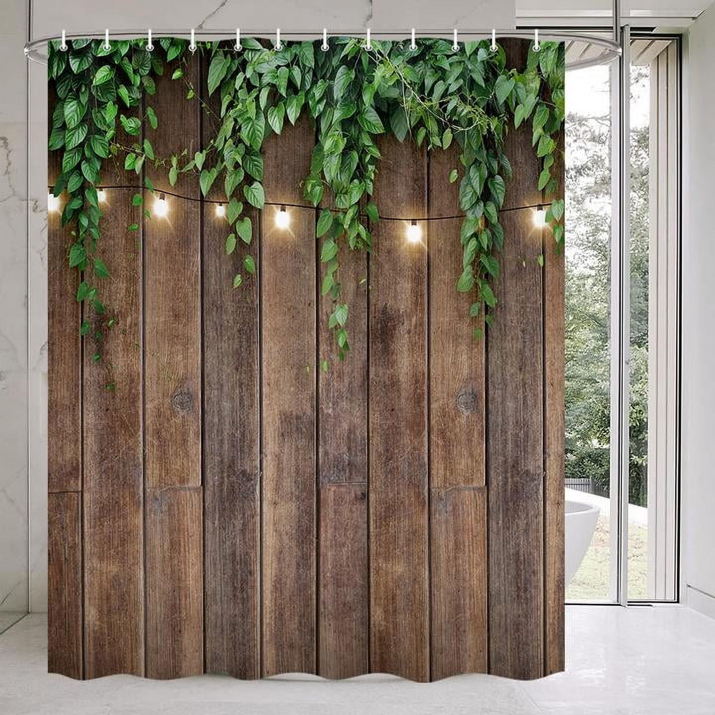 Rustic Outdoor Wall Shower Curtain, Brown Camo Shower Curtain Set for Bathroom, Vintage Wooden Bran Door Green Leaves Fabric Shower Curtain Restroom Bathtub Decor Accessories with Hooks 72X 75 inch