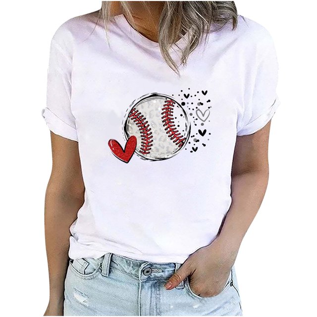 EQWLJWE Hauts d'Été pour Femmes Hauts pour Femmes Liquidation Mode Féminine Été Col Rond Loisirs Manches Courtes Imprimé Baseball
