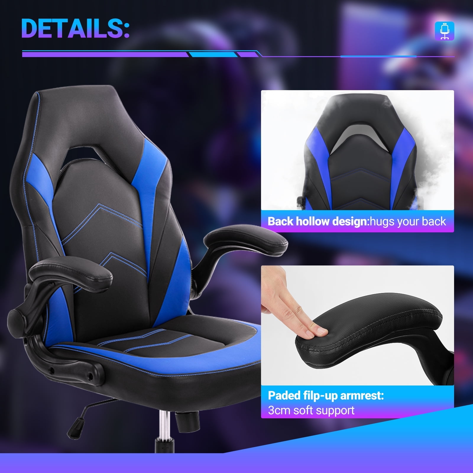 EDX Ergonomic Gaming Chair with PU Leather, Adjustable Swivel Computer & Office Desk Chair with Flip-Up Armrests, Blue