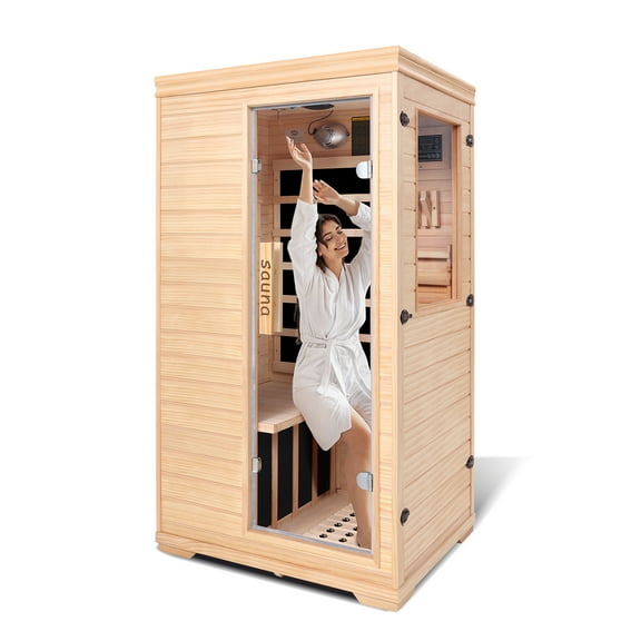 1 Person Mini Far Infrared Sauna Room, Wood Side-Opening Indoor Sauna Low EMF 5 Heating Panels 1050W Infrared Therapy for Personal Wooden Dry Sauna Home Spa Room Valentine's Day