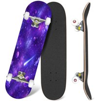 31'' Complete Skateboard 7 Layer Canadian Maple Double Kick Deck Skateboards Purple Space Galaxy Stars Print Skate Board for Beginner Adult Gifts